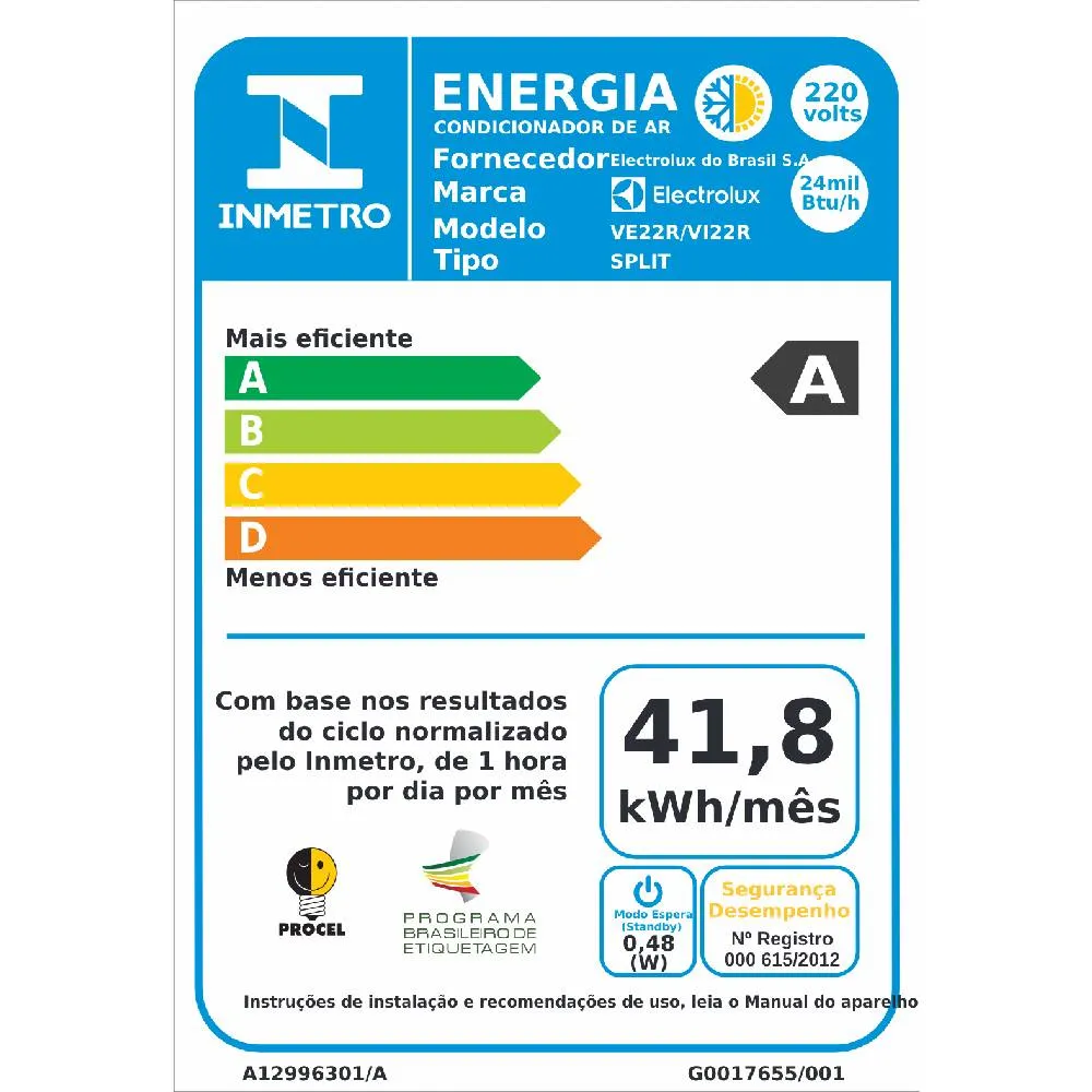 Ar-Condicionado Split Electrolux 22.000 BTUs Ecoturbo Frio com Função Auto Limpeza (VI22R/VE22R)
