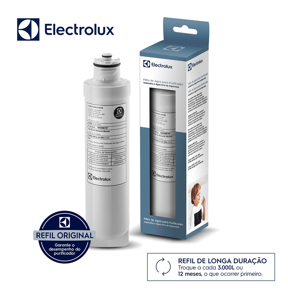 Filtro/Refil Original para Purificador de Água Electrolux PA21G / PA26G / PA31G – Refil longa duração: troque a cada 12 meses