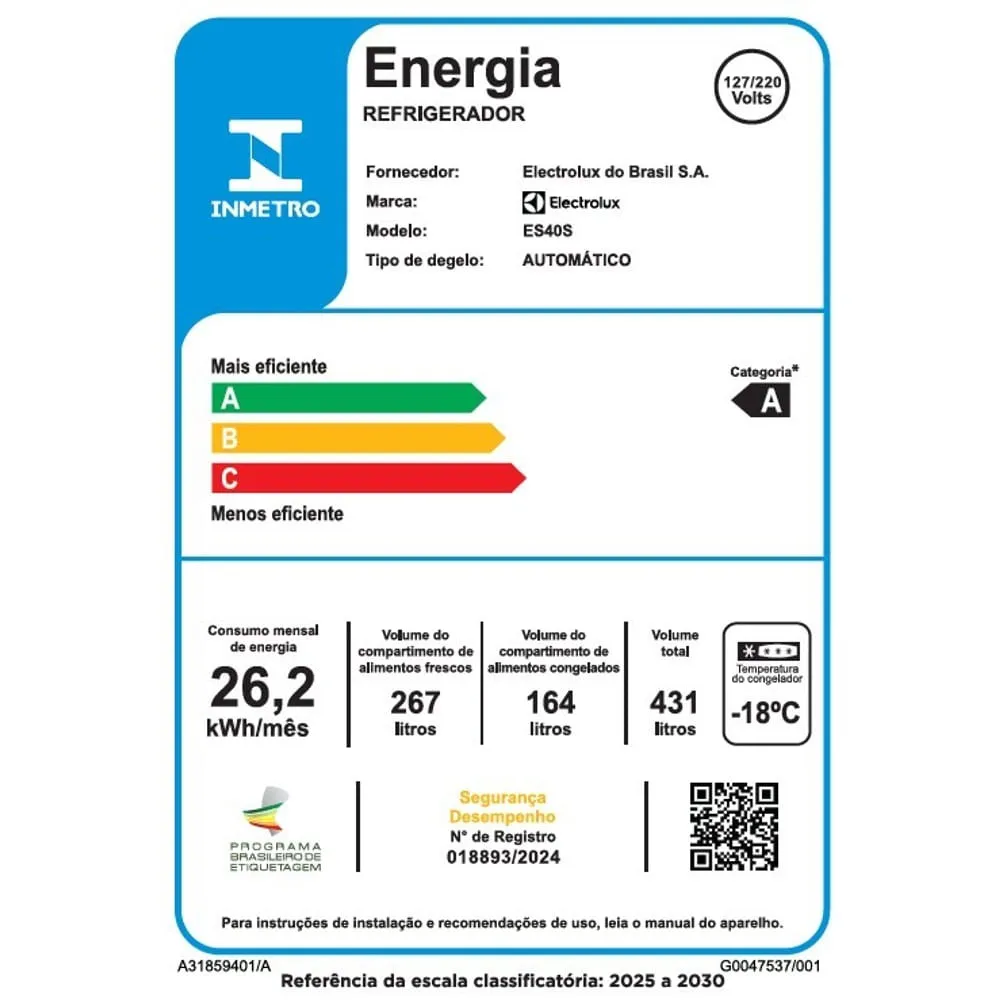 Geladeira Electrolux Frost Free Inverter 431L AutoSense Bivolt Side by Side Cor Inox Look (ES40S)