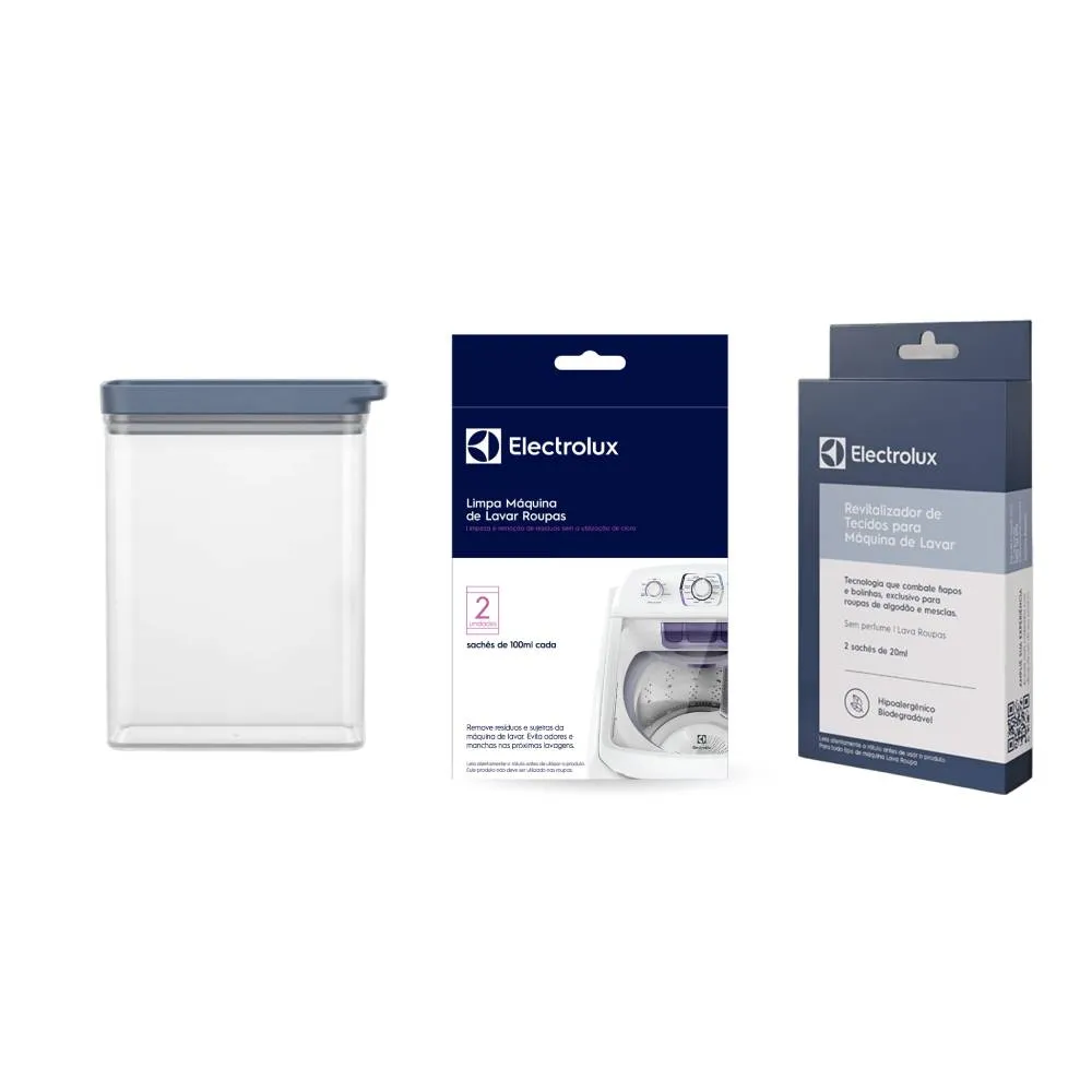 Kit Pote Hermético Organizador Modular 1,75L + Limpa Máquina de Lavar Roupas 200ml + Revitalizador de Tecidos 20ml para Máquina de Lavar Electrolux